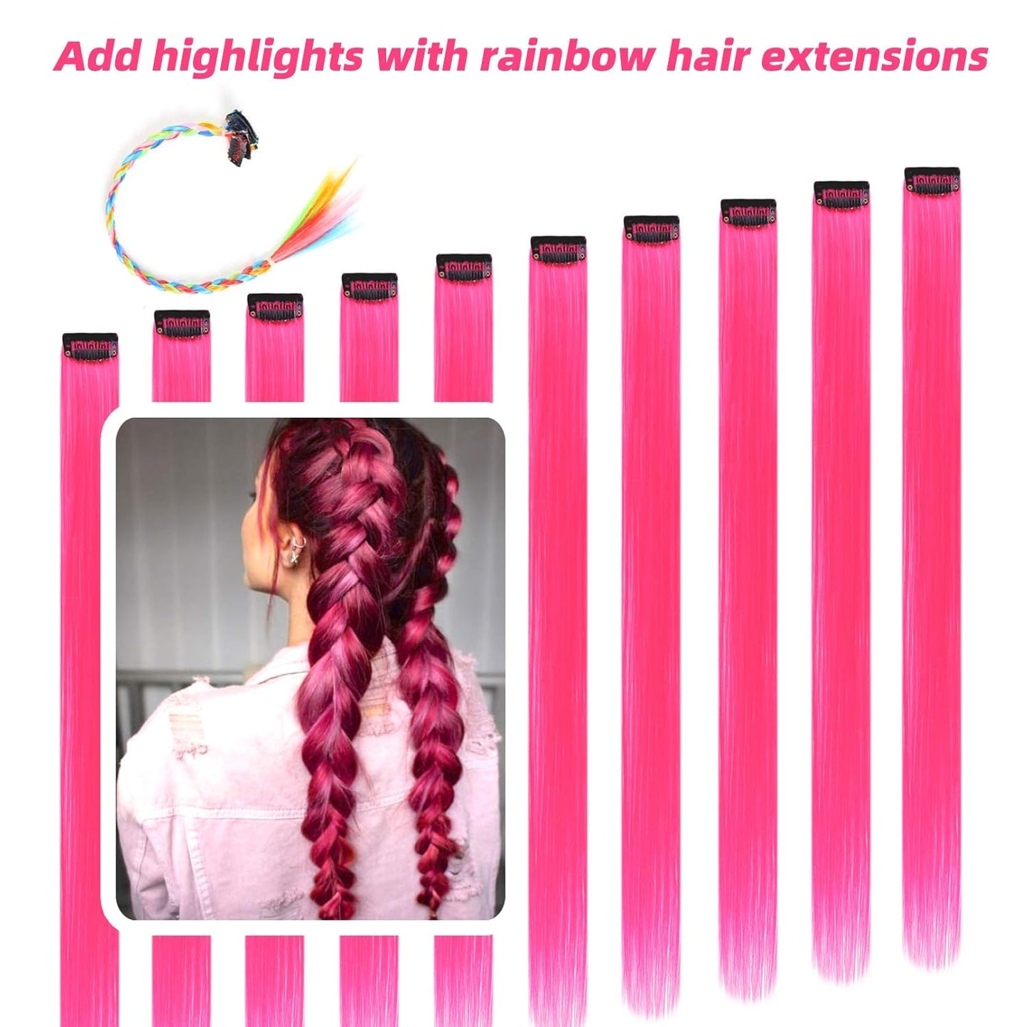 Pink Hair Extensions Clip in 10 Pieces Synthetic
