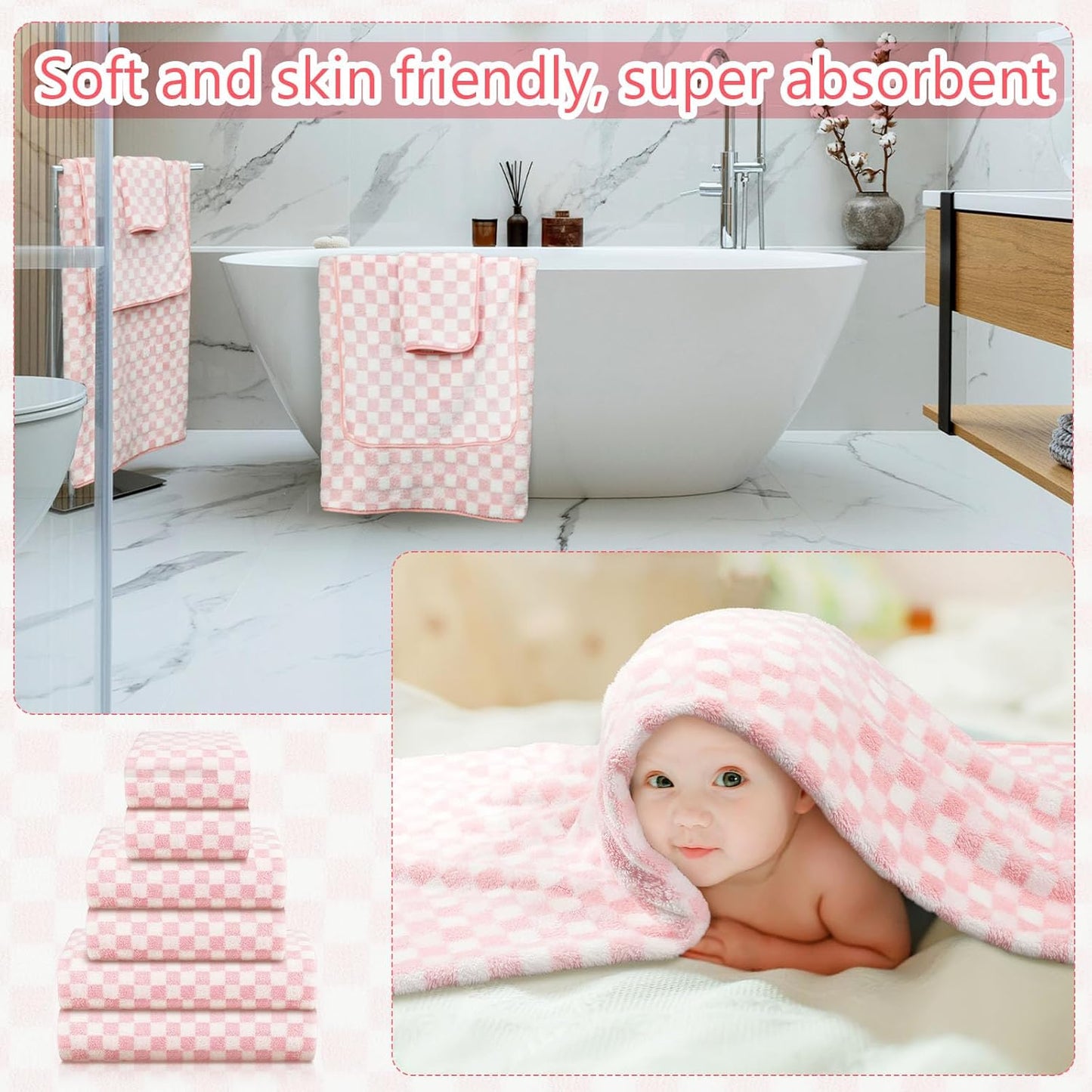 Kinlop 6 Pcs Checkered Bath Towels Set Coral Washcloth Soft Fleece Quick Dry Patterned Hand Towel for Bathroom Back to School Gym Spa Beach Accessories(Pink,Checkered)