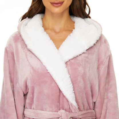 iniber Plush Robes for Women, Womens Robe Long, Fuzzy Fluffy Soft Warm Fleece Hooded Bathrobe