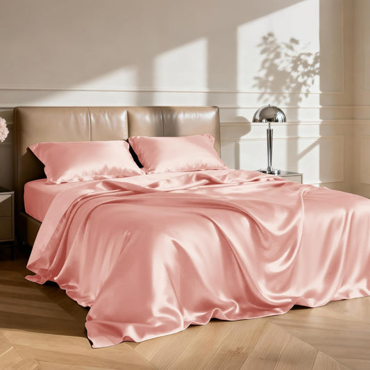 Love's cabin Full Size Satin Sheet Sets - 4 Piece Coral Silky Satin Sheet Set Full with Deep Pocket, Luxury Silk Feel Satin Bed Sheets Full Bedding Set (1 Flat Sheet,1 Fitted Sheet,2 Pillow Cases)
