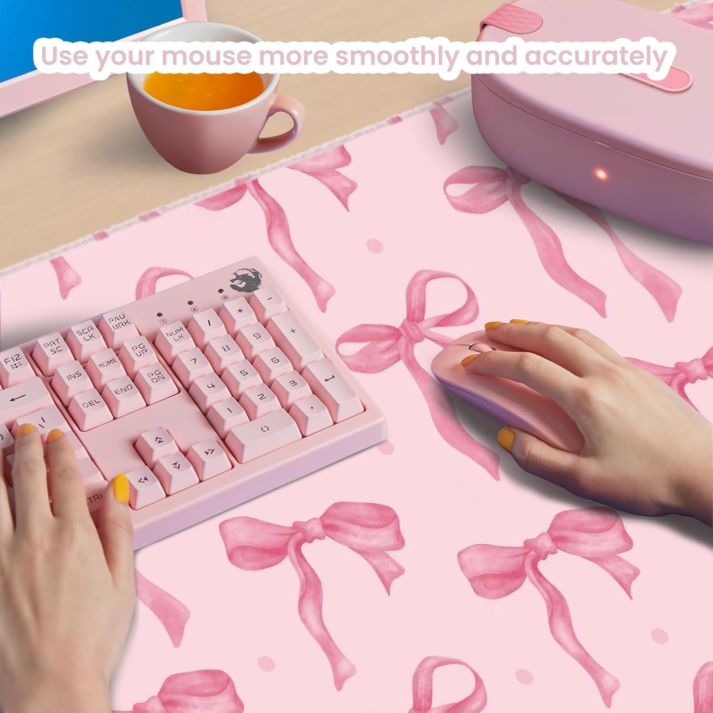 Pink Mouse Pad, Large Pink Desk Mat Bows Computer Mat, Gaming Keyboard and Mouse Pad Non-Slip Rubber Base, Stitched Edge, Cute Girly Office Supplies Desk Accessories Decor for Women 31.5 x 11.8in