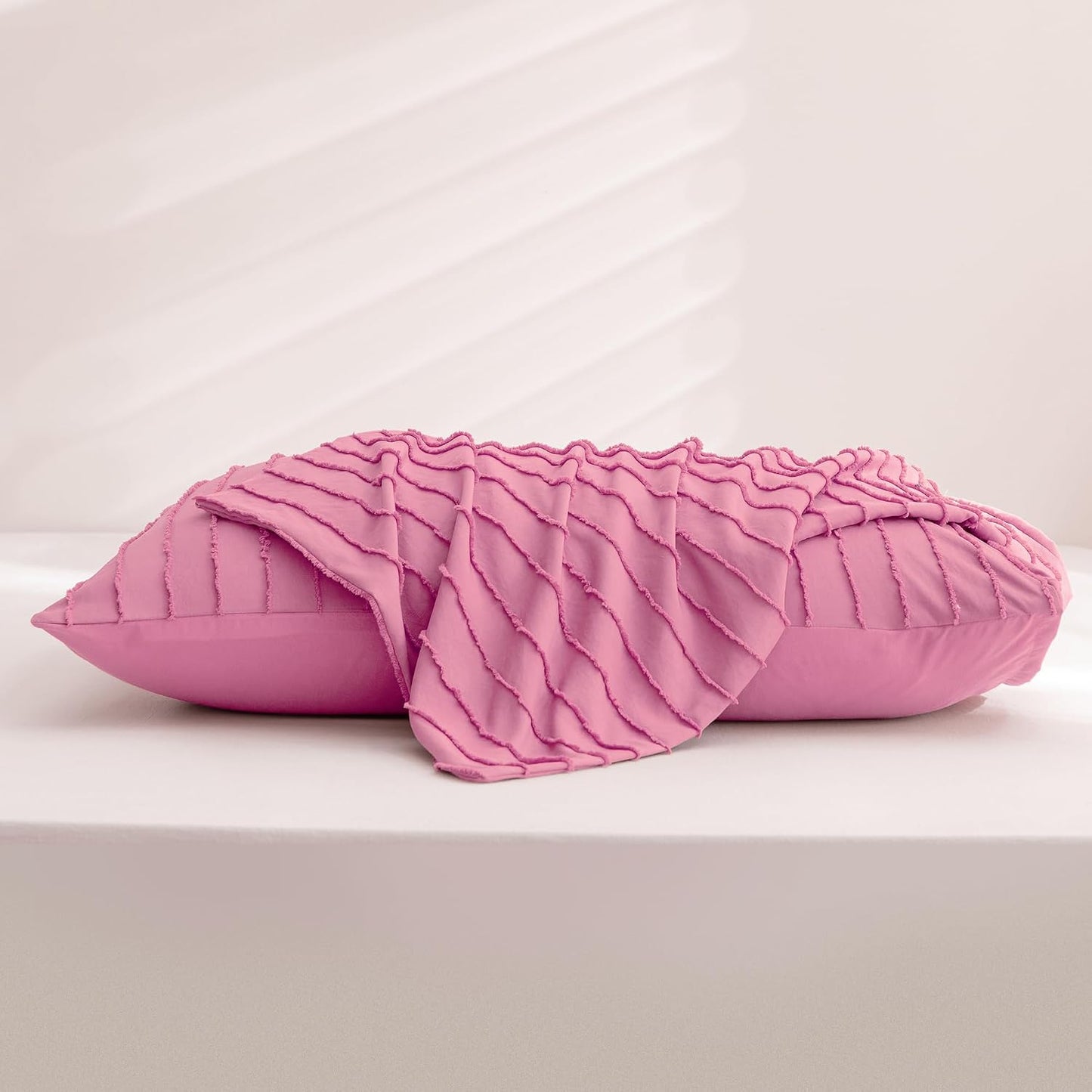 JELLYMONI Pillowcases Standard Size Bright Pink 2 Pack Boho Striped Bed Pillow Covers 20x26in Polyester Envelope Pillow Shams Tufted Bohemian Textured (Pillows are not Included)
