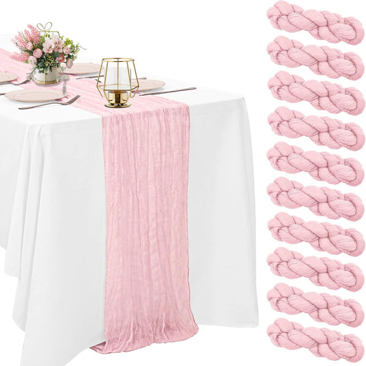 10 Pack Light Pink Cheesecloth Table Runner 6FT Boho Gauze Fabric Table Runner Vintage Rustic Sheer Runners for Wedding Party Bridal Baby Shower Long Table Decorations