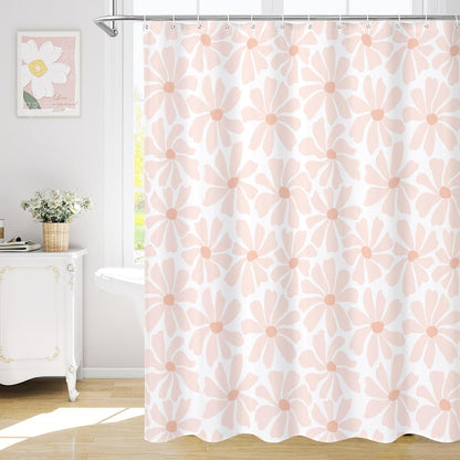 Litabel Blush Pink Daisy Floral Shower Curtain, Boho Spring Flower Shower Curtain for Girly Bathroom, Modern Minimalist White Waterproof Fabric Shower Curtain Set, 72x72 Inch