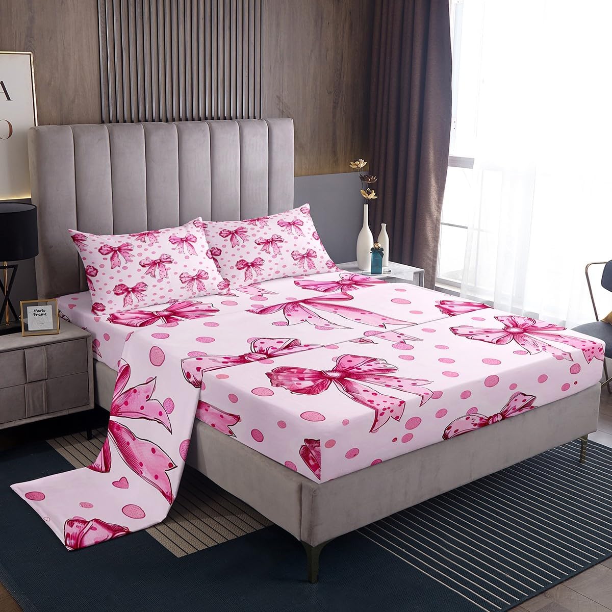 Erosebridal Pink Princess Bow Bed Sheets Full Cute Coquette Bowknot Sheet Set Kawaii Ribbon Bow Bedding Set for Kids Girls Teen,Pink Watercolor Polka Dot Fitted Flat Sheets 4 Piece