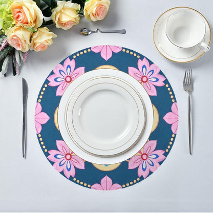 Cherry Blossom Boho Pattern Blue Peach table placemat round placemats heat resistant waterproof toddlers porta platos para mesa 15.4x15.4in set of 6