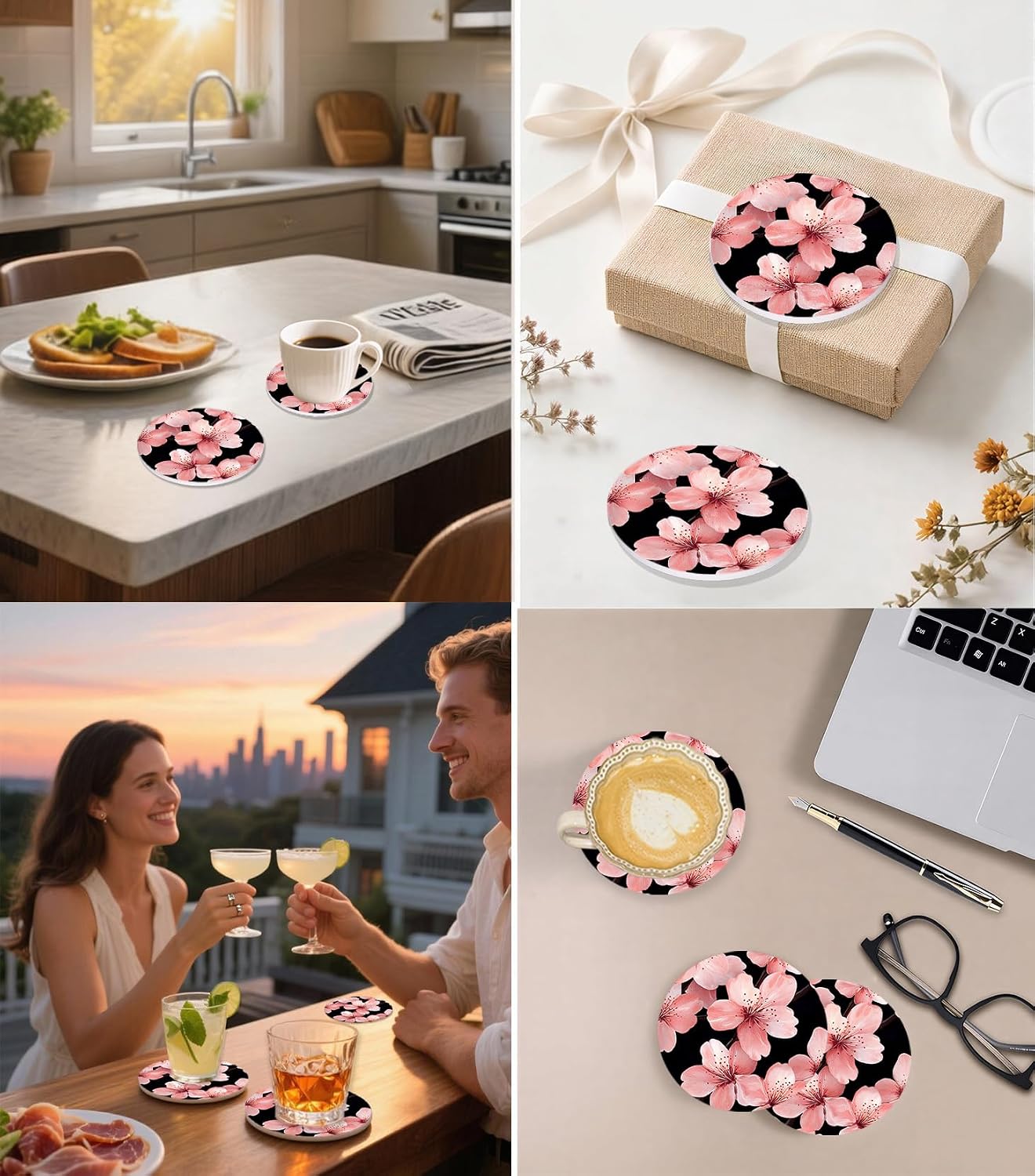Nikyi 6 Pcs Pink Flower Ceramic Absorbent Coasters, Cherry Bloom Floral Round Drink Coaster with Metal Holder & Cork Base, for Coffee Table Desk Home Decor or Women Mom Wife Gift