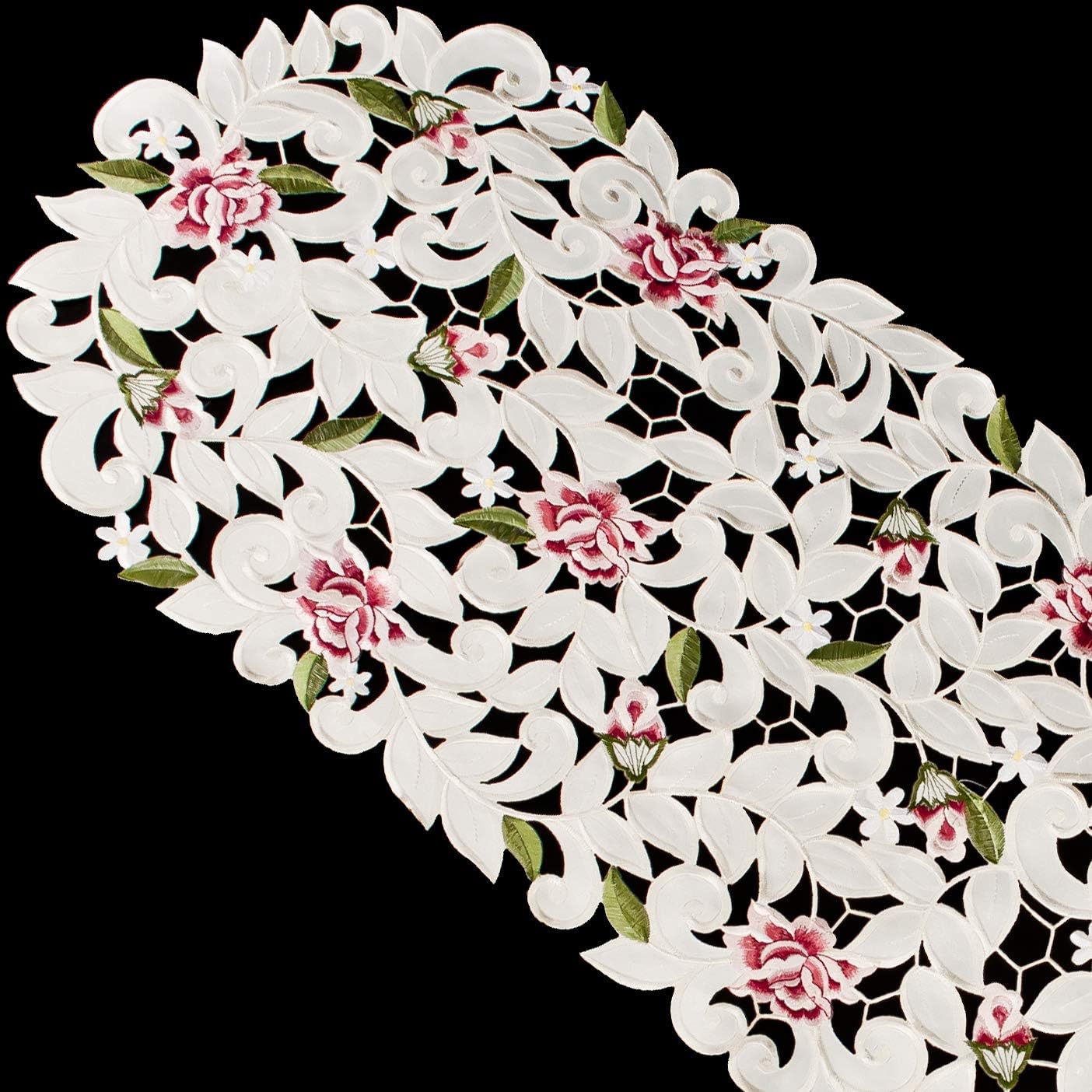 Light Pink Cut Work Roses on Ivory Fabric Table Runner, Dresser Scarf (14Wx54L)