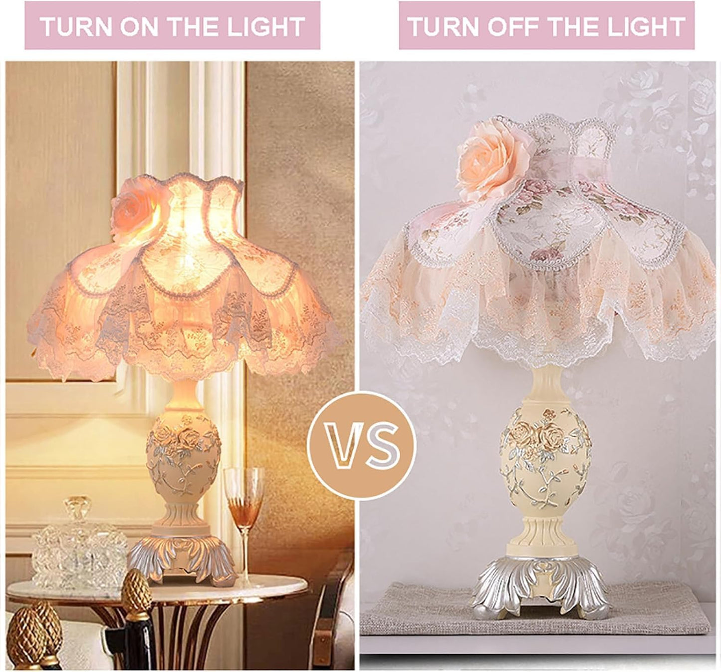 Victorian Pink Table Lamp,Floral Fabric Nightstand Light with Resin Base,European Pastoral Desk Lamp for Bedroom Living Room