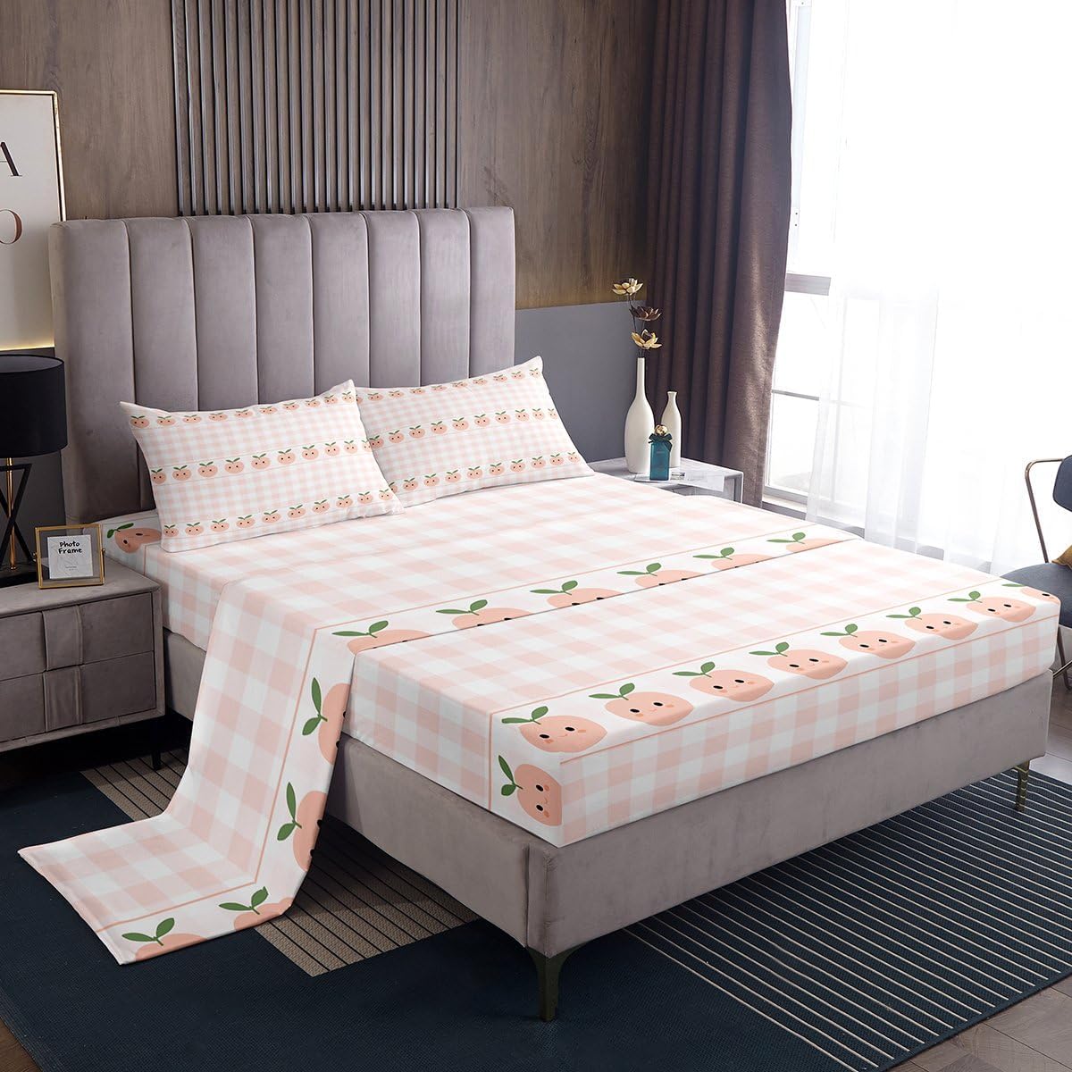 Homewish Peach Print Bed Sheets Full Size,Pink White Checkered Bedding Set 4Pcs for Kids Girls Boys Teens Room Decor,Cartoon Fruit Fitted Sheets Sweet Kawaii Top Flat Sheet,2 Pillowcases