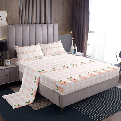 Homewish Peach Print Bed Sheets Full Size,Pink White Checkered Bedding Set 4Pcs for Kids Girls Boys Teens Room Decor,Cartoon Fruit Fitted Sheets Sweet Kawaii Top Flat Sheet,2 Pillowcases