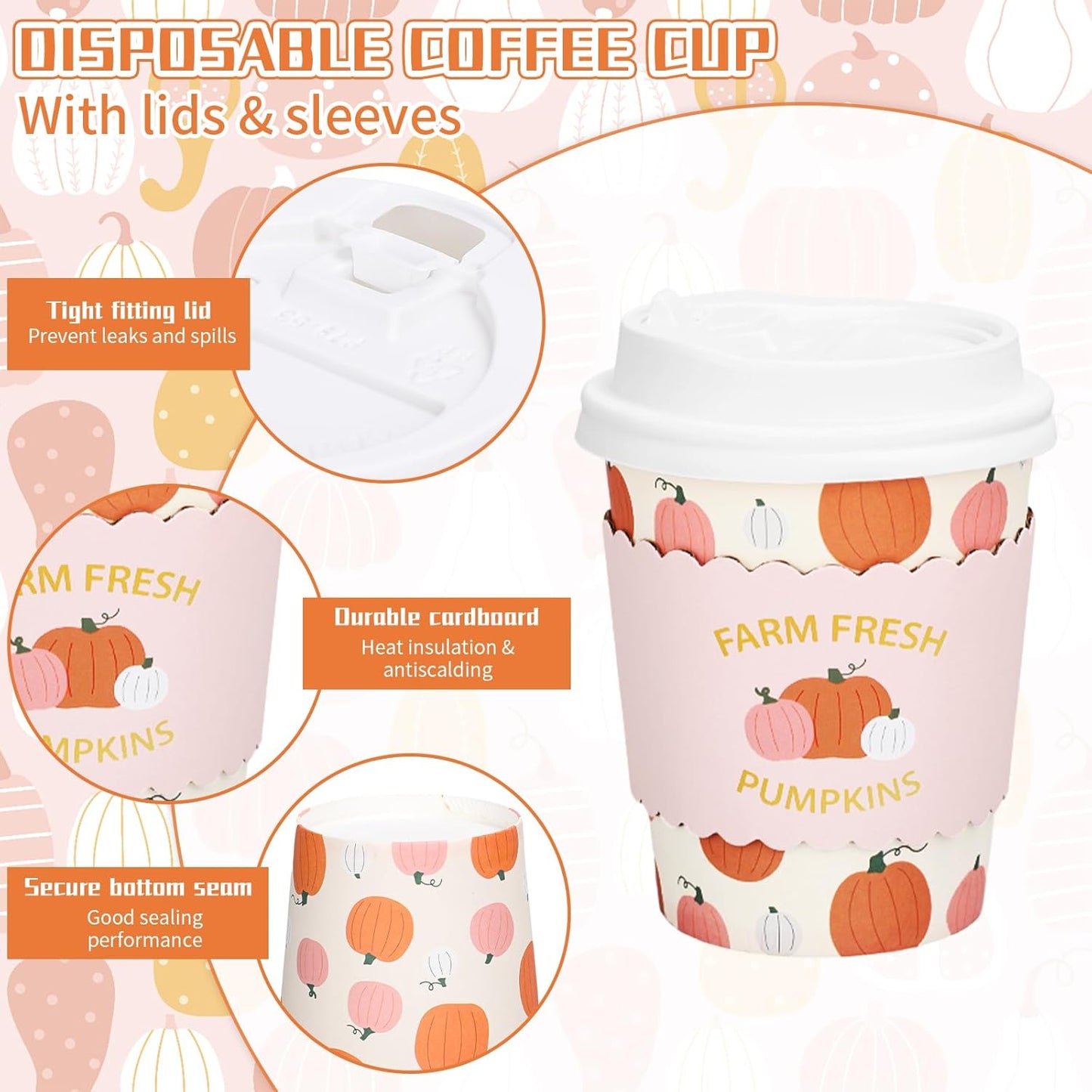 FYSUIMU 50 Pcs 8 Oz Fall Thanksgiving Disposable Coffee Cups with Lids and Sleeves Cute Pink Orange Pumpkin Paper Drinking Cups for Autumn Home Picnic Travel Office Business