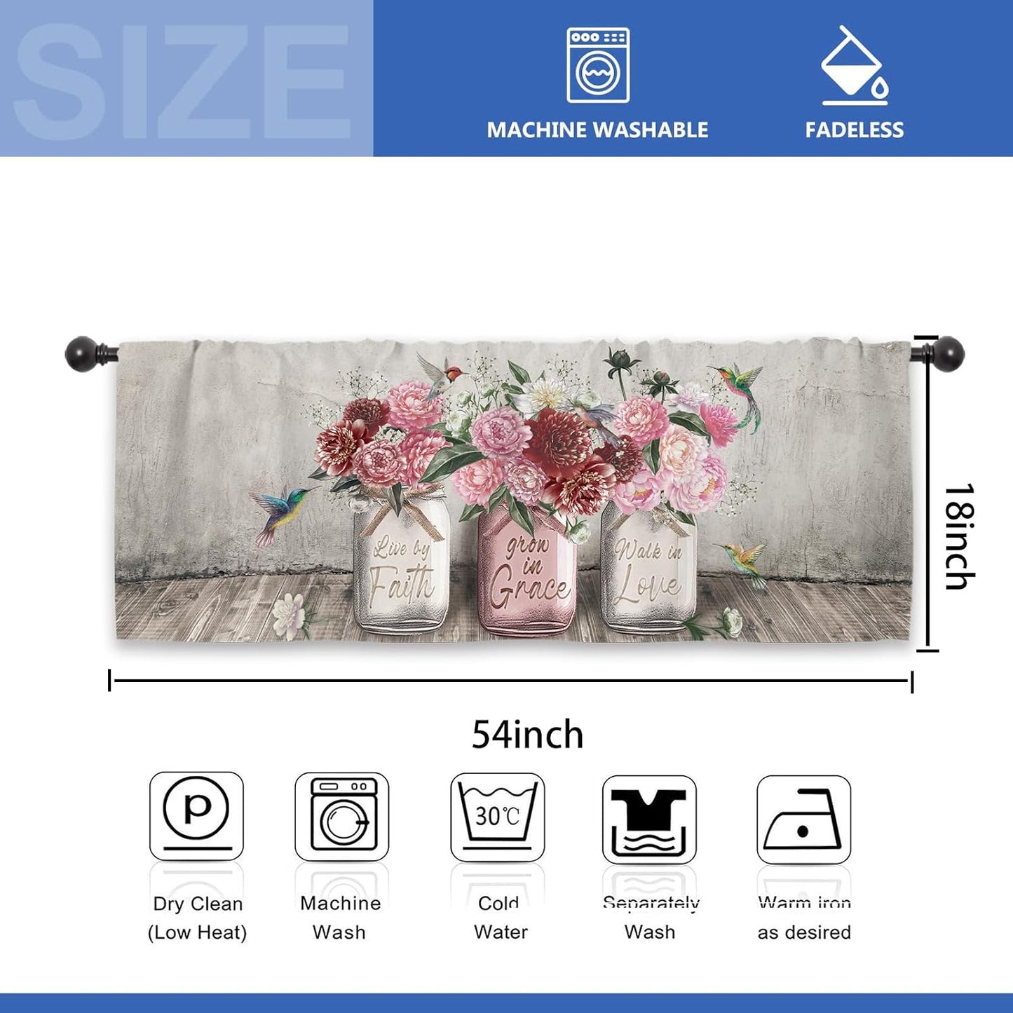 Rustic Farmhouse Peony Rose Kitchen Curtain Valance 54W x 18L Inch Barn Door Pink Red Flower Country Wooden Inspirational Rod Pocket Short Cafe Small Window Treatment Drapes Decor