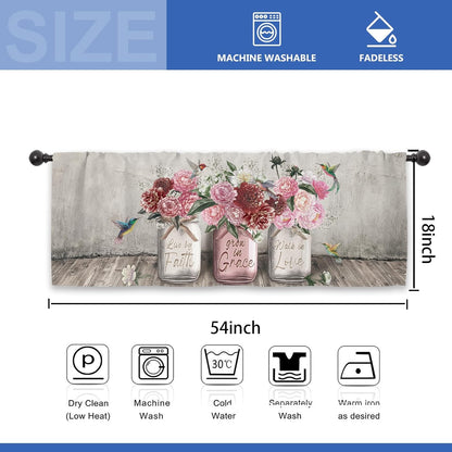 Rustic Farmhouse Peony Rose Kitchen Curtain Valance 54W x 18L Inch Barn Door Pink Red Flower Country Wooden Inspirational Rod Pocket Short Cafe Small Window Treatment Drapes Decor