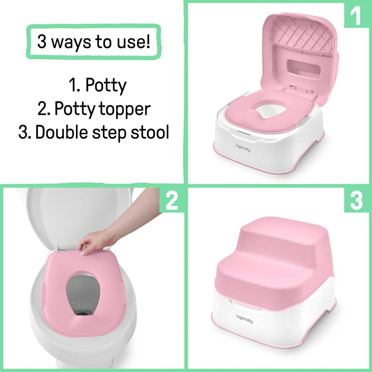 Ingenuity Prepare to Potty 3-in-1 System - Potty Training Toilet, Topper, Step Stool, Easy Setup, Pink, For Toddlers 18 Months+