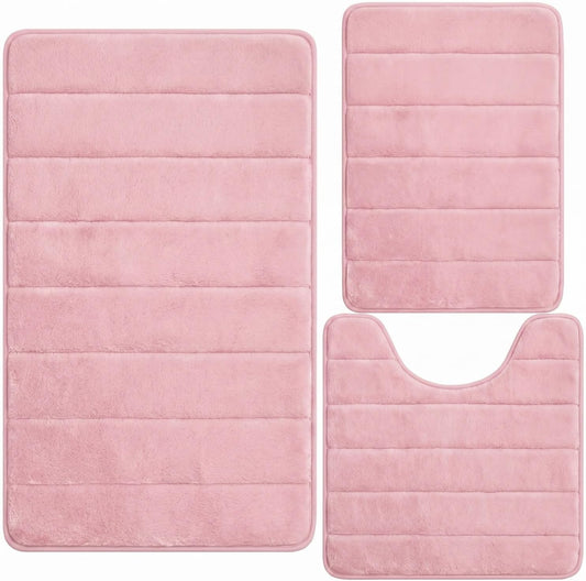 Bathroom Rugs Set 3 Piece, Memory Foam Bath Rugs, Non Slip Washable Bathroom Rug Set, Extra Soft Absorbent Bath Mats with U-Shaped Toilet Rug, Pink