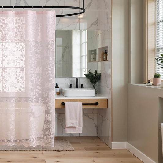 TERLYTEX Pink Small Lace Shower Curtain, 1 Panel, 36 x 72 Inch, Country Rustic Vine Floral Patterned Vintage Sheer Stall Shower Curtain with Attached Lace Valance for Stall Shower Farmhouse Decor