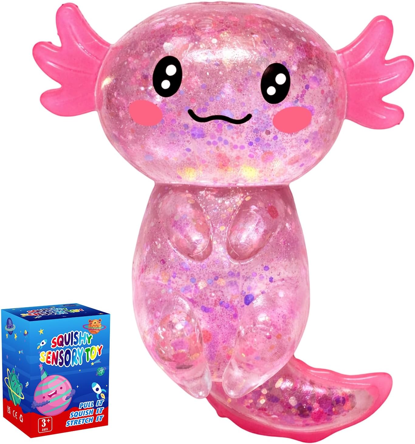 Axolotl Squishy Glitter Stress Relief Toy, Stretchy Axolotls Stress Ball, Relief Squishy Toys, Fidget Toys for Kids Youth Adult, Salamander Gift for Party Birthday Christmas (Pink)