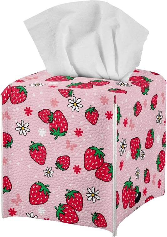 Pink Strawberry Tissue Box Cover Water Resistant Leather Tissue Box Holder Cube Facial Paper Organizer Cute Dispenser Napkin Holder Case Home Decoration