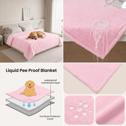 Waterproof Pink Dog Blanket Reversible Sherpa Fluffy Calming Pet Blankets Bed Cover for Puppy Leakproof Sofa Couch Throw Covers Cat-L-57x65in