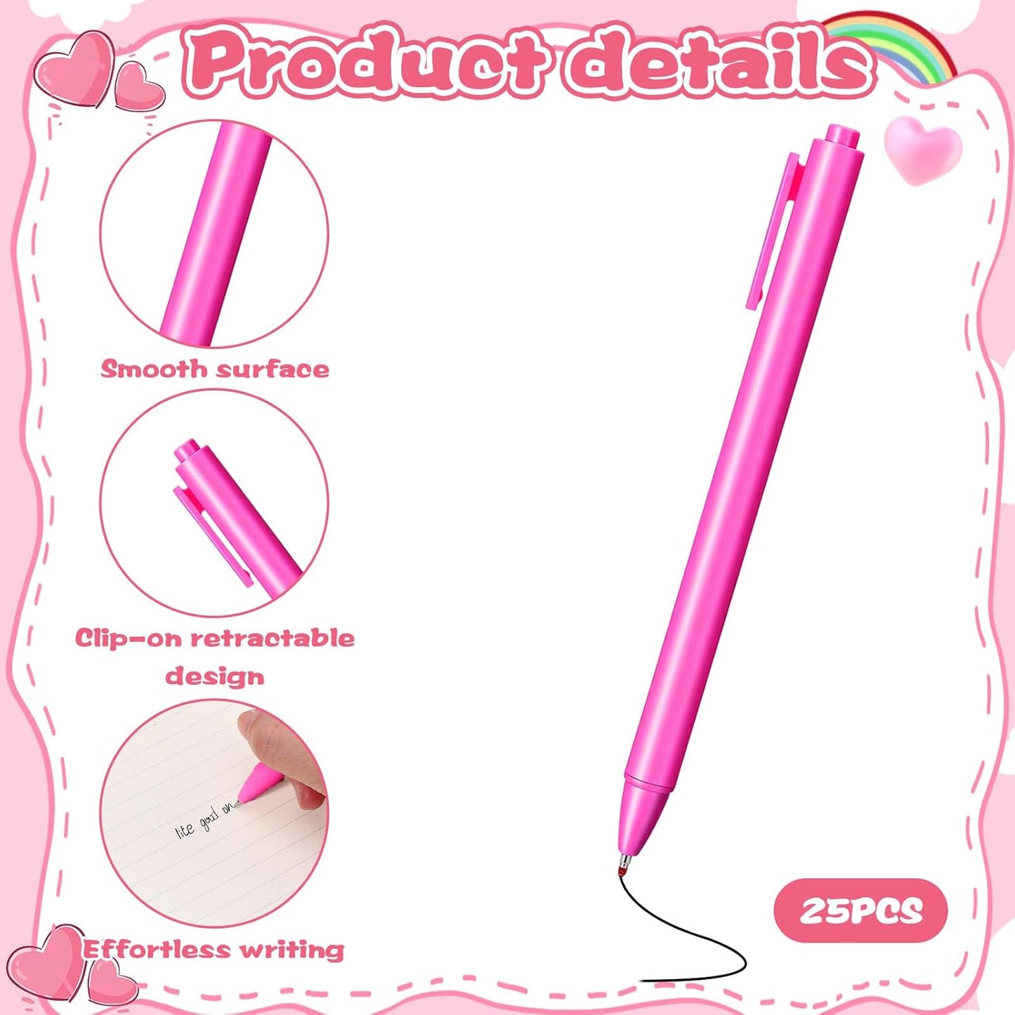 25 Pcs Aesthetic Ballpoint Pens Bulk Hot Pink Ball Point Pen Black Ink 0.5 MM Fine Point Retractable Writing Pens For Wedding Server Christmas Baby Shower Back To School Party Favor Gifts Girls Women
