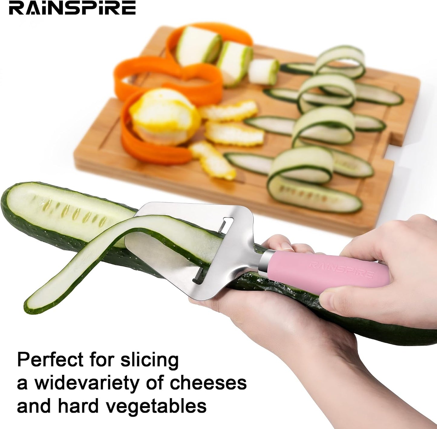 Rainspire Upgraded Non-Stick Cheese Slicers for Block Cheese Multi-Functional Cheese Cutter for Mozzarella, Cheddar, Gruyere Charcuterie Accessories Dishwasher Safe Kitchen Tools, Pink