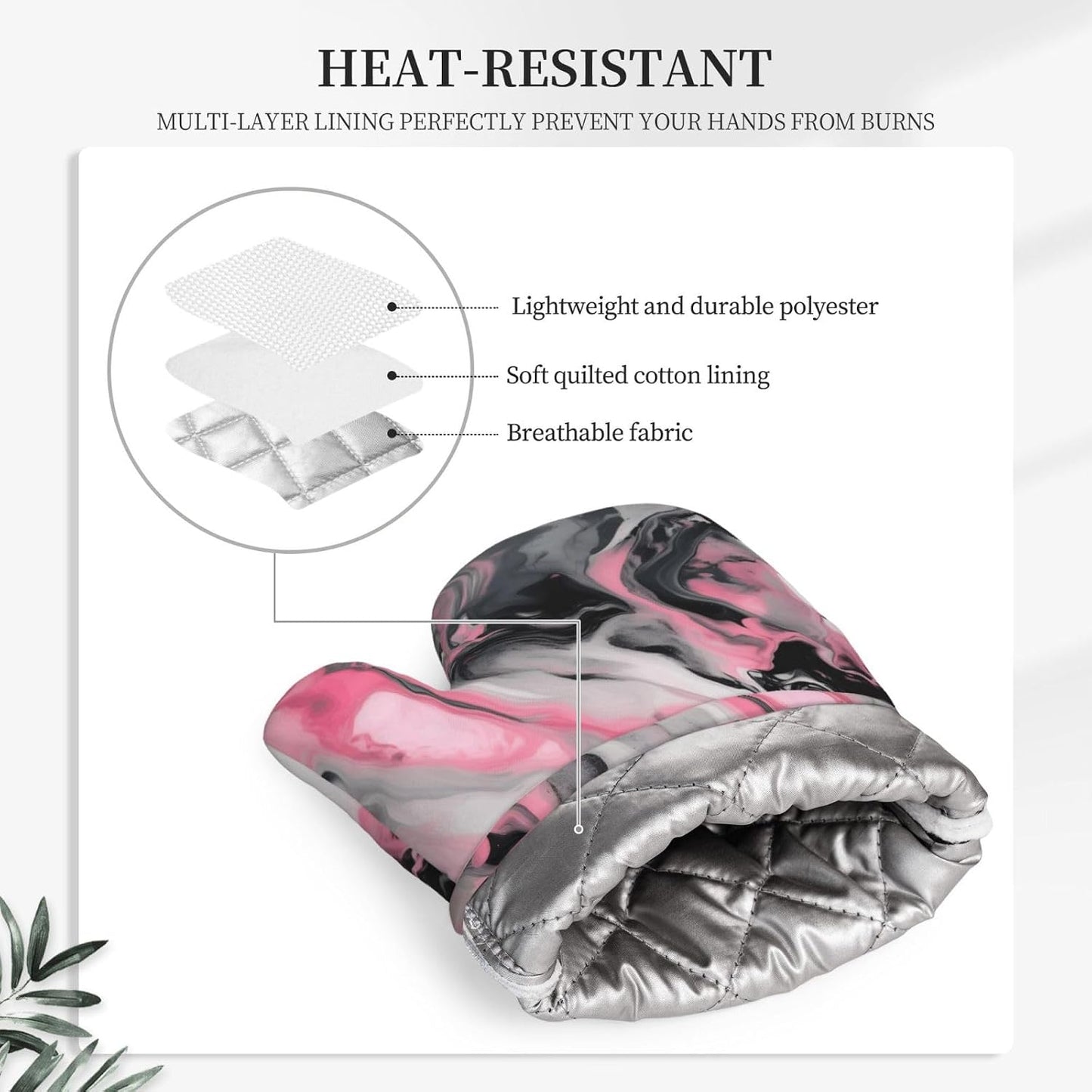 Pink Abstract Ink Marble Gray Artistic Print Oven Mitts and Pot Holders 4-Piece Set Heat Resistant Baking Gloves Silicone Kitchen Gloves