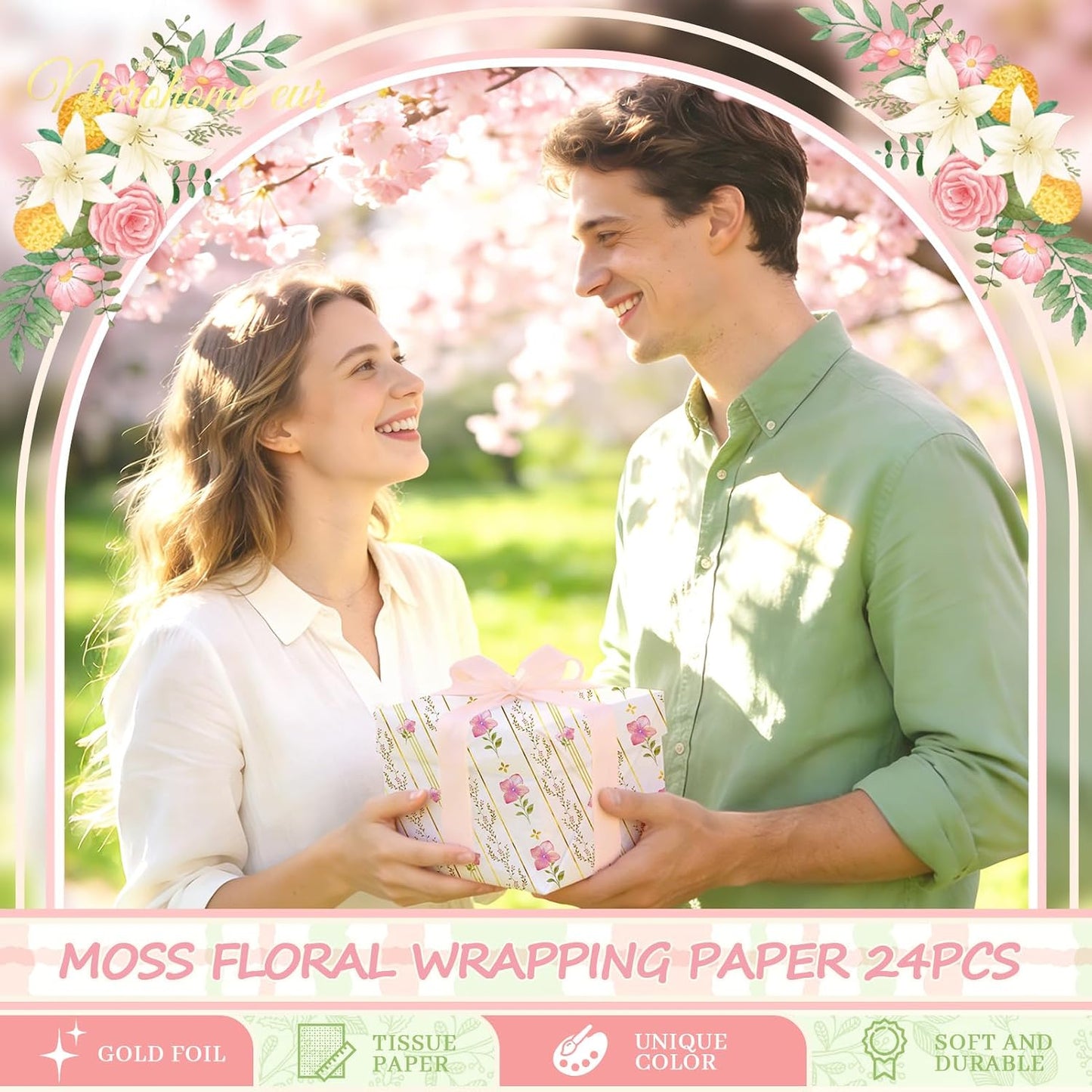 NICROHOME EUR 24 Sheets Floral Tissue Paper, Sage Green and Pink Small Tissue Wrapping Paper for Gift Bags, Birthday, Wedding, Flower Bouquet, Bridal Shower, Christmas Gift Tissue Paper 15x20Inch