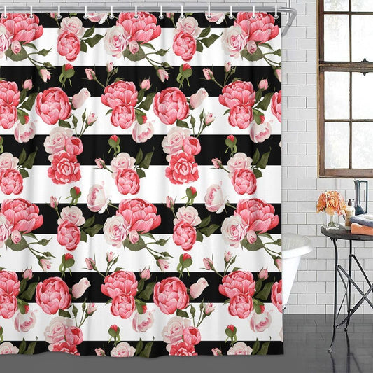 Vintage Floral Shower Curtain,Black and White Striped Bathroom Curtain,Modern Fashion Blooming Pink Rose Flowers Buds Bathtub Accessories Decor with 12 Hooks,69X70 in