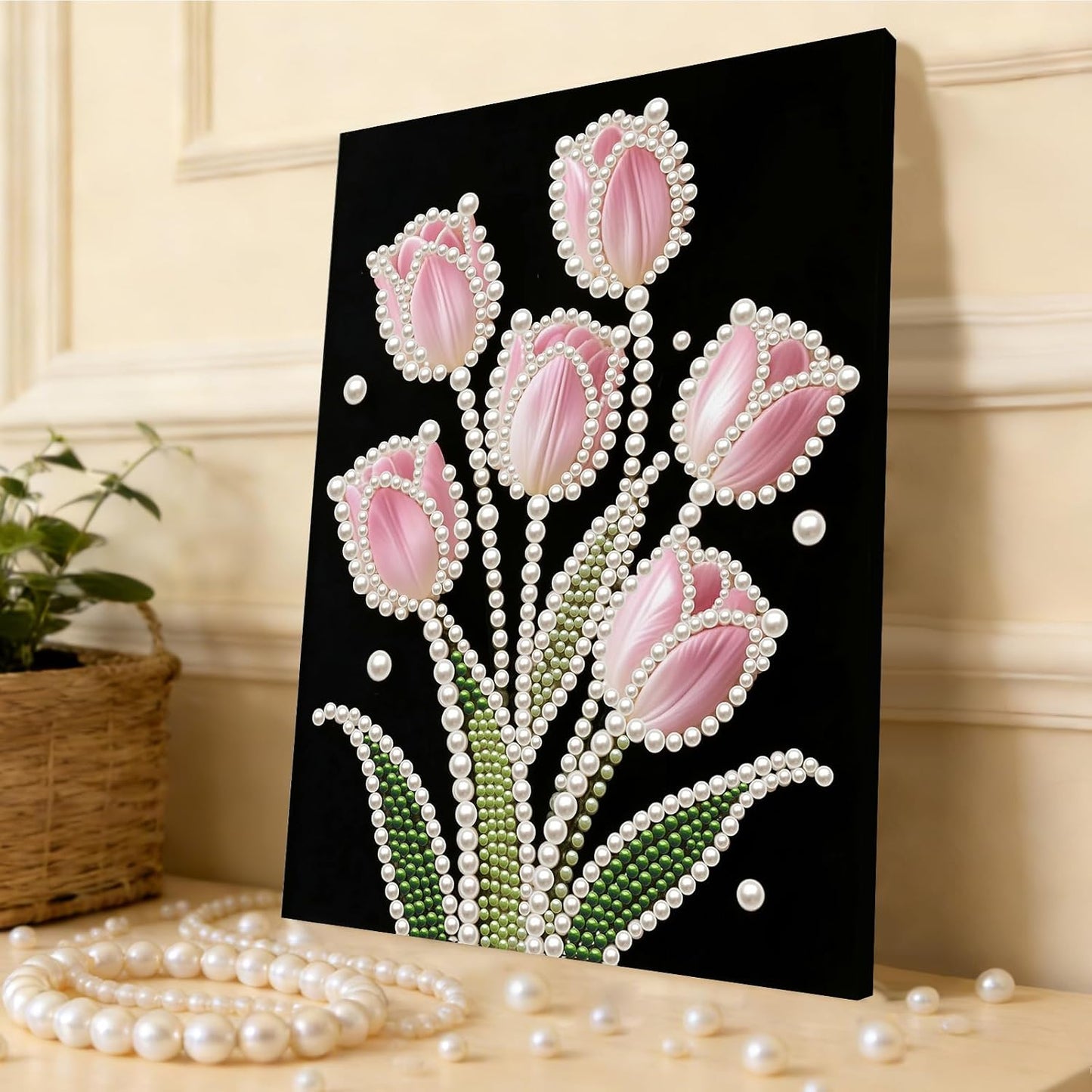 FRANDEK Pink Tulip DIY Pearl Painting Kit, Framed 3D Textured Handmade 30x40cm, Sparkling Gem Art Decor for Living Room, Study, Relaxing Creative Project, Gift for Friends Mother's Day