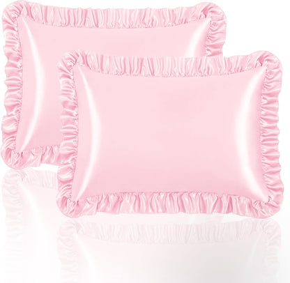 NSGZ Ruffled Satin Pillowcase Set of 2, Queen Size Silky Pillow Shams for Hair and Skin Care, Pink Satin Pillow Covers with Envelope Closure, Anti Wrinkle Pillow Cases for Princess Room Decor