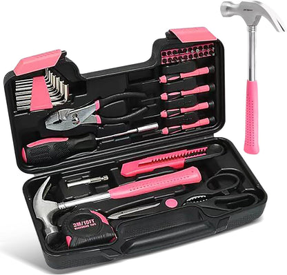 39 Piece Household Tool Set; Universal Repair Small Hand Tool Kit Organiser; For Home Garage Office College Dormitory Basic Tools; Hand Tool Kit, For Girls, Women; / PINK