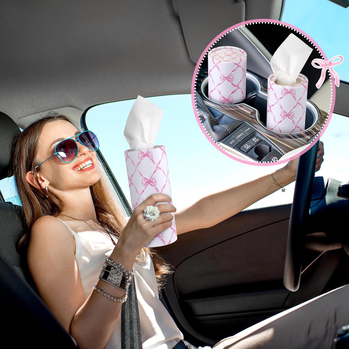 Faccito 4 Pack Car Tissue Holder with 50 3-ply Facial Tissues Bulk Pink Bow Cylinder Container Refill Box Round Portable Travel Tissue Dispenser Coquette Decor for Car Cup Holder Home Office Party