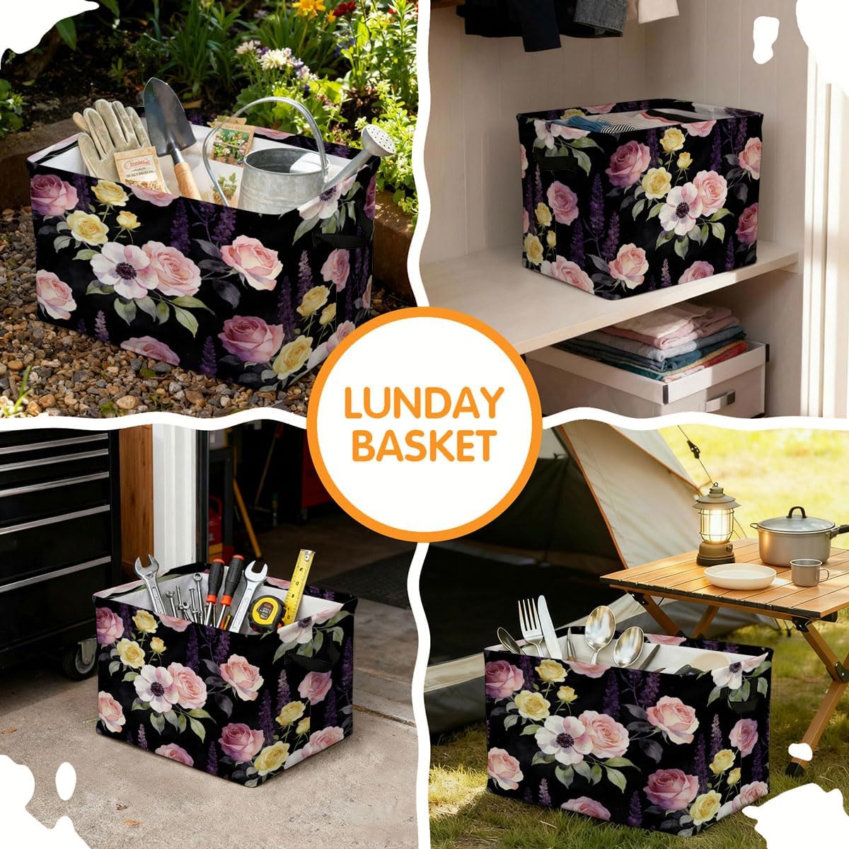56L Pink Floral Foldable Square Laundry Hamper with Handles – Large Clothes, Blanket & Toy Storage Basket for Home Organization.