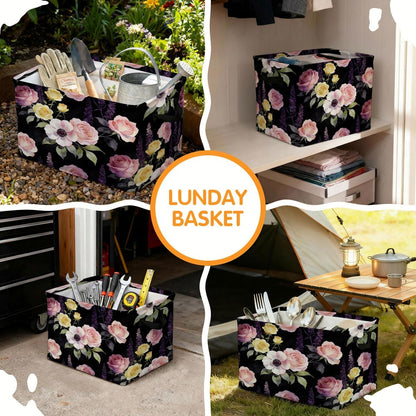 56L Pink Floral Foldable Square Laundry Hamper with Handles – Large Clothes, Blanket & Toy Storage Basket for Home Organization.