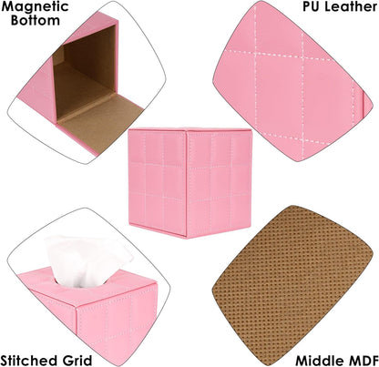Pink Square Tissue Box Cover - Vegan Leather Modern Cube Facial Tissue Holder for Bathroom, Living Room and Office Decor