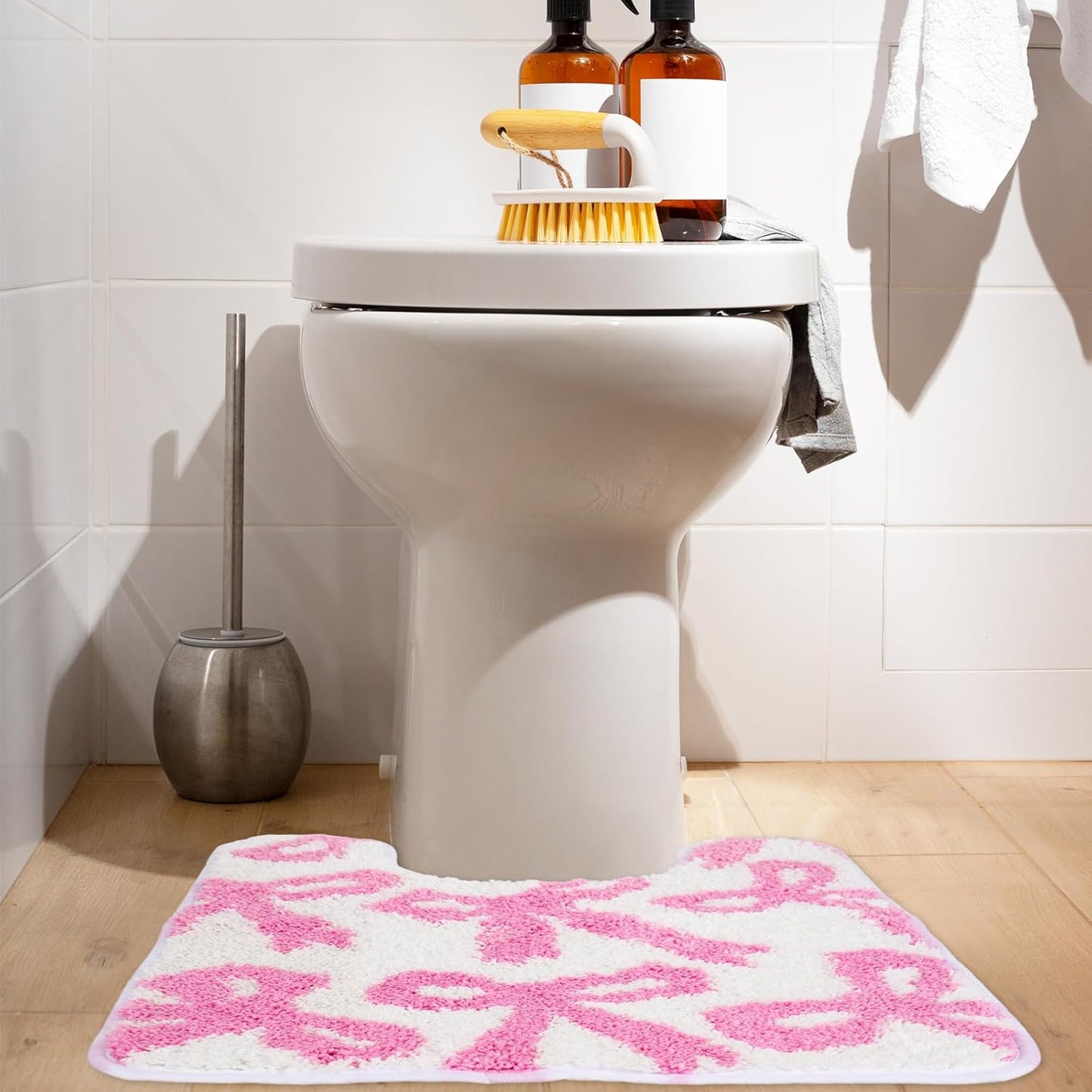 FYSUIMU Pink Bow Bathroom Rug U Shaped Toilet Rug Coquette Bowknot Tufted Bath Mat Non Slip Washable Floor Mat for Home Hotel Bathroom Restroom Decor