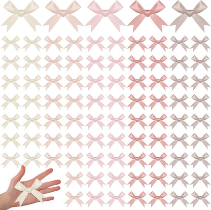 Riceshoot 100 Pcs Dusty Rose Satin Ribbon Twist Tie Bows, 3.5" Pre-Tied Small Blush Pink Bows for Wedding Party Favors, Bridal & Baby Shower, Bakery Treat Bags, Cellophane Gift Wrapping