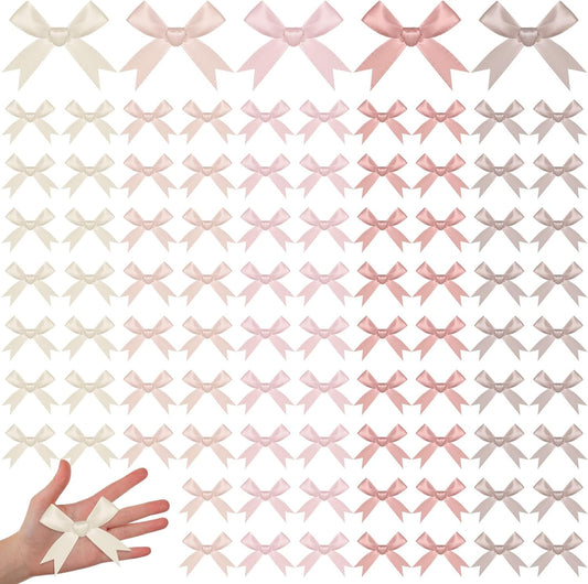 Riceshoot 100 Pcs Dusty Rose Satin Ribbon Twist Tie Bows, 3.5" Pre-Tied Small Blush Pink Bows for Wedding Party Favors, Bridal & Baby Shower, Bakery Treat Bags, Cellophane Gift Wrapping