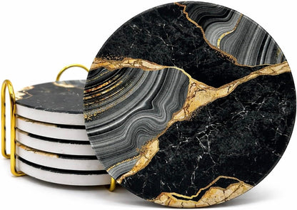 Elegant Black & Gold Marble Ceramic Coasters - Set of 6 with Gold Metal Holder - Round Drink Coasters for Coffee, Tea, Whiskey, Wine - Stylish Home & Kitchen Decor