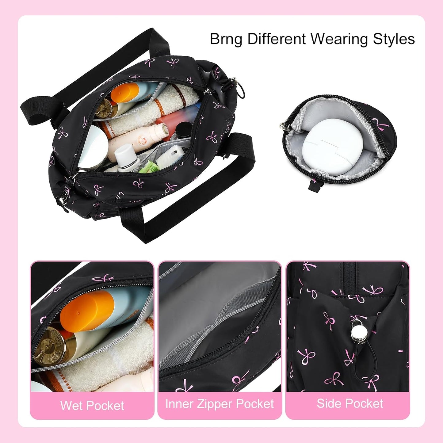 CAMTOP Mini Gym Bag for Women, Small Gym Tote Bag Puffy Quilted Sports Duffel Bag with Wet Compartment and Coin Purse Duffel Bags Dance Yoga Workout Bag for Gifts (Black Pink Bow, Mini-12.6")