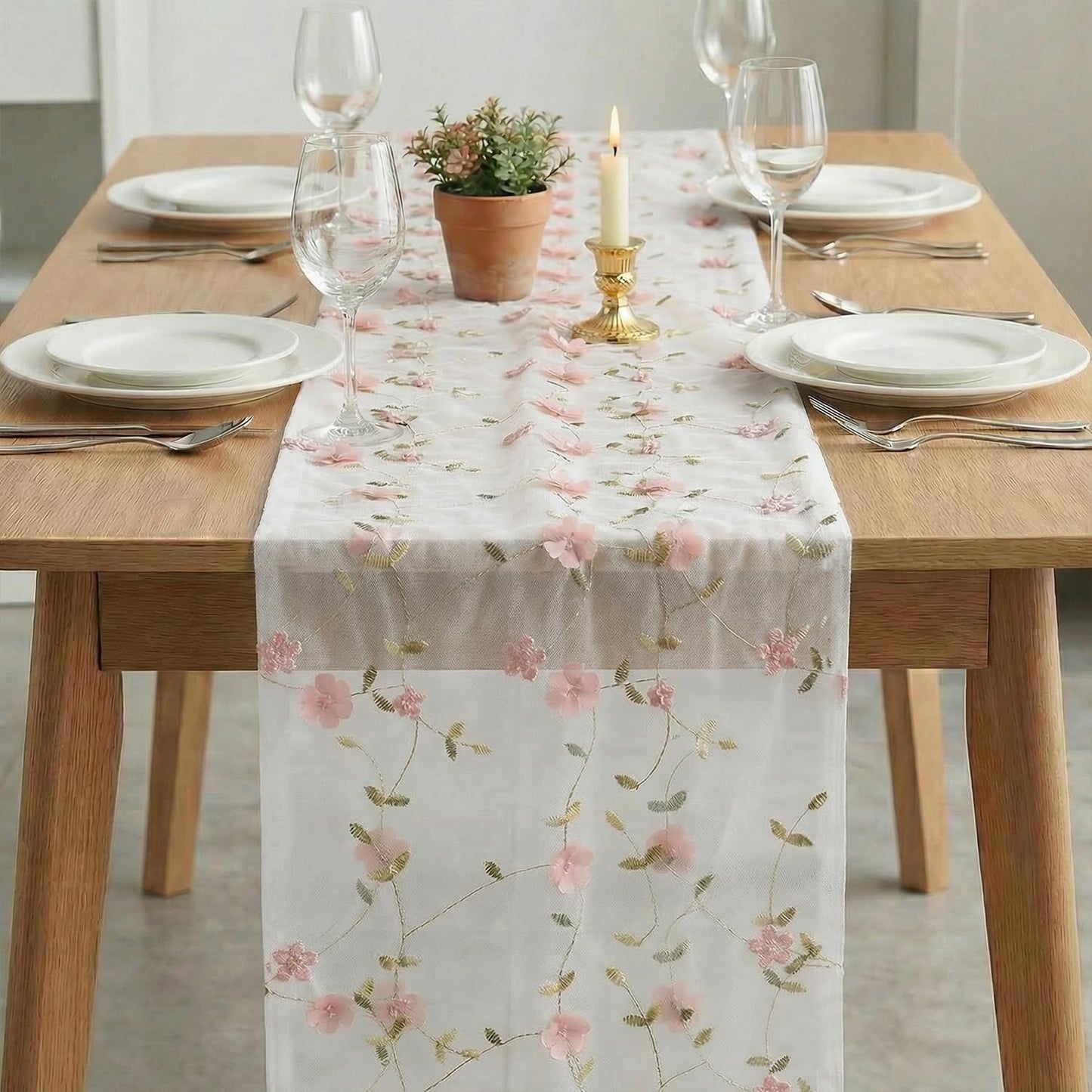 Artoid Mode Pink 3D Flower Gauze Embroidery Table Runner 120 Inch 10FT, Tulle Seasonal Spring Kitchen Dining Holiday Table Decor for Home Party