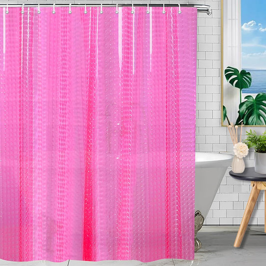 EVA Shower Curtain Liner Hot Pink 3D Water Cube Clear for Bathroom with 12 Rust Proof Metal Grommets, Clear EVA Liner for Girly Bathroom Stall 71x71 Inches