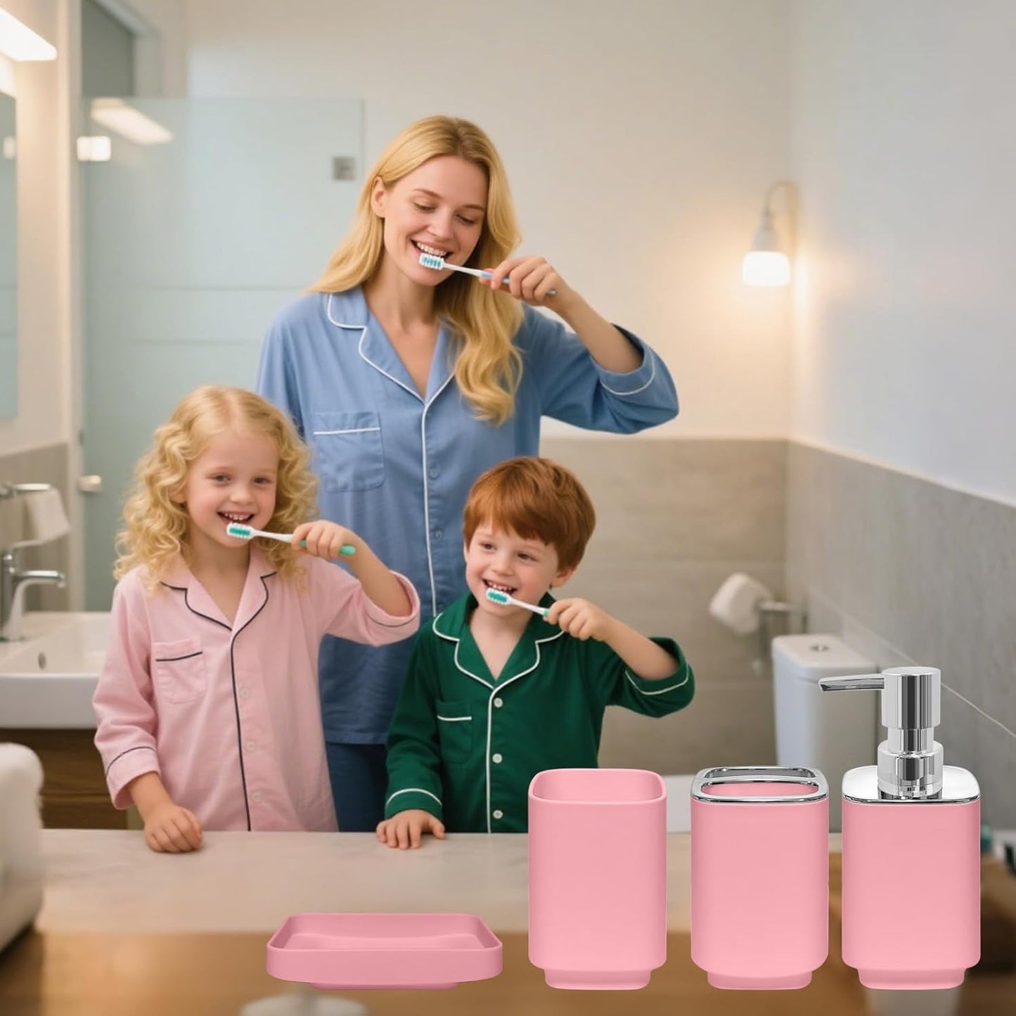 4 Piece Bathroom Accessory Sets, Pink Bathroom Accessories Sets Include Toothbrush Holders Set, Soap Dispenser, Soap Dish and Toothbrush Cup, Modern Bathroom Decoration