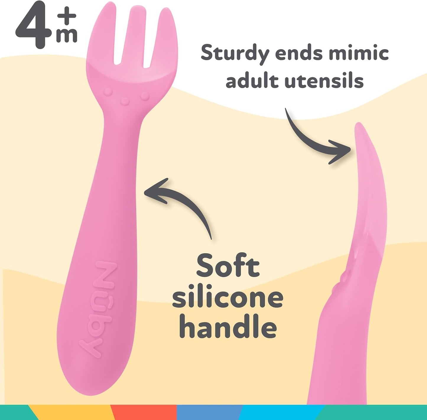 Nuby Silicone Easy Grip Fork & Spoon Set, 12+m in Pink