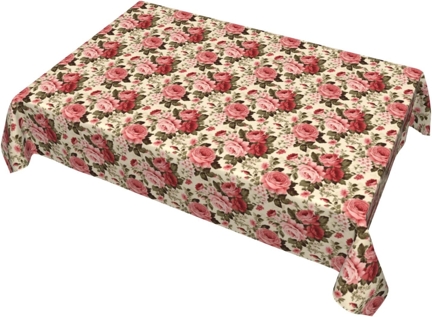 Victorian Rose Pink Flower Rectangle Tablecloth, Drop Shapes Table Cloth Dining Table Cover for Kitchen Restaurant Party Buffet Picnic, 52x70 Inch