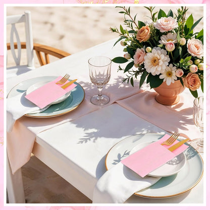 60 Pcs Pink Linen-Feel Paper Napkins with Built-in Flatware Pocket, Pocket Linen Napkin Prefolded Cloth Like Paper Napkins Bulk for Girls Birthday Baby Bridal Shower Tea Party Wedding
