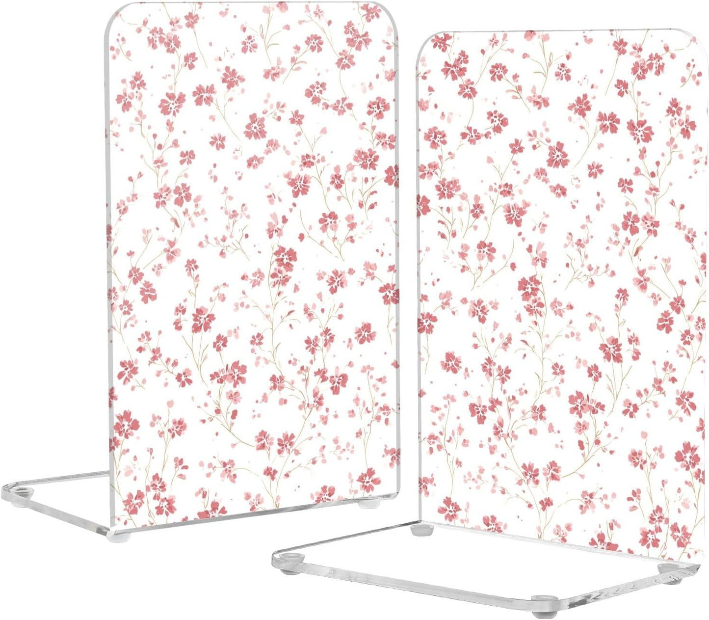 Light Pink Floral Small 2 Bookends Book Ends for Shelves Heavy Books Stopper Decorative Acrylic Non-Slip 1 Pair