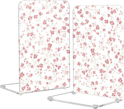 Light Pink Floral Small 2 Bookends Book Ends for Shelves Heavy Books Stopper Decorative Acrylic Non-Slip 1 Pair