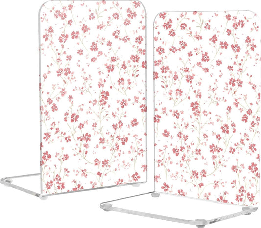Light Pink Floral Small 2 Bookends Book Ends for Shelves Heavy Books Stopper Decorative Acrylic Non-Slip 1 Pair